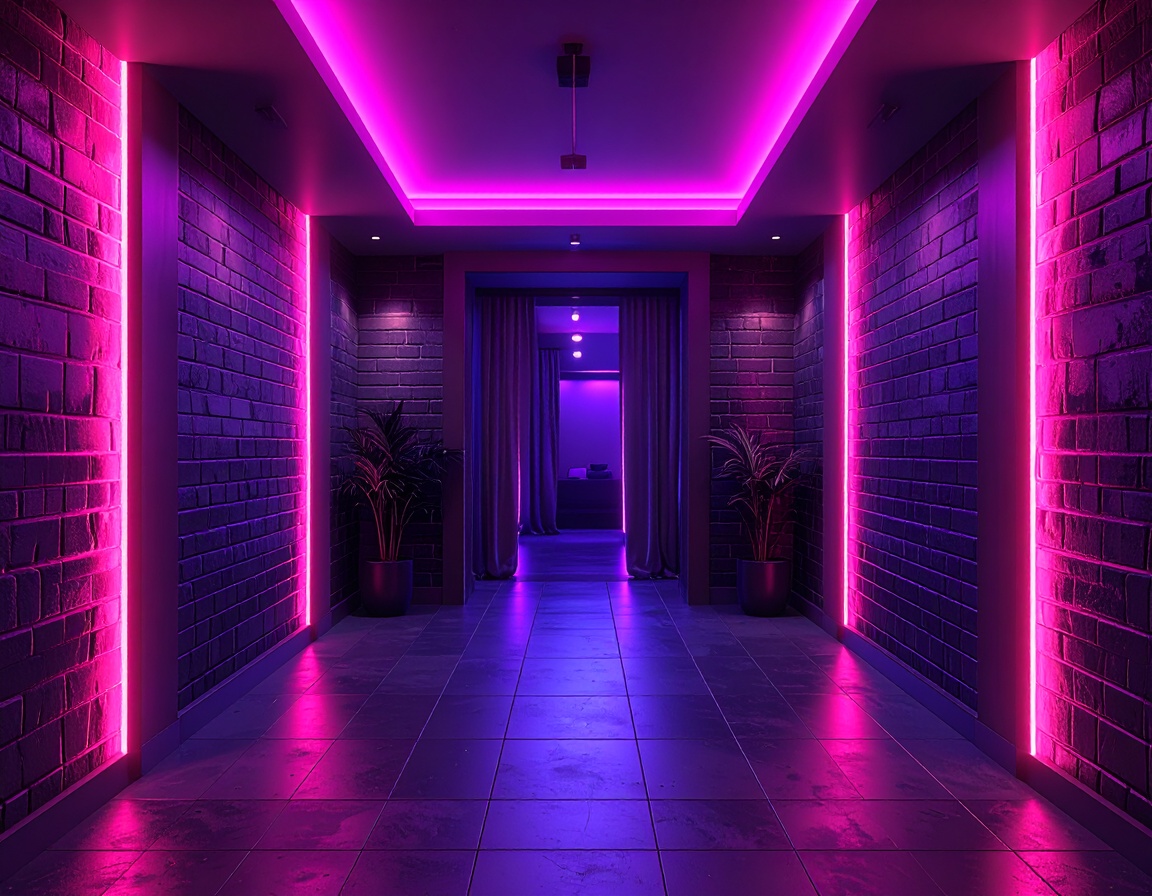 Dark neon-lit private lounge corridor